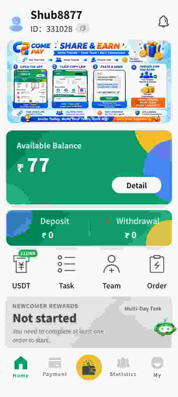 ComePay app dashboard showing buy and sell token options